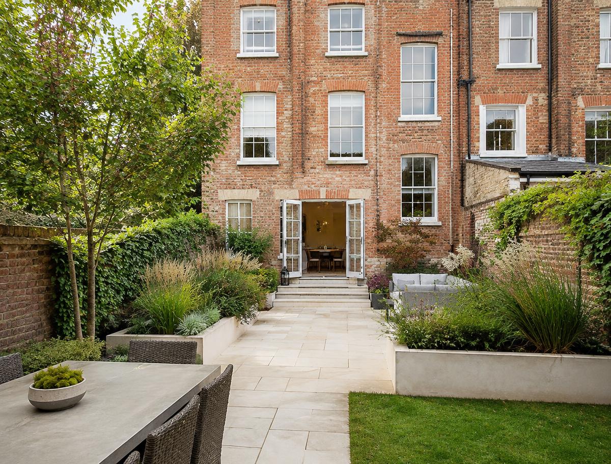 Red-brick Dublin townhouse garden with limestone paving and grasses