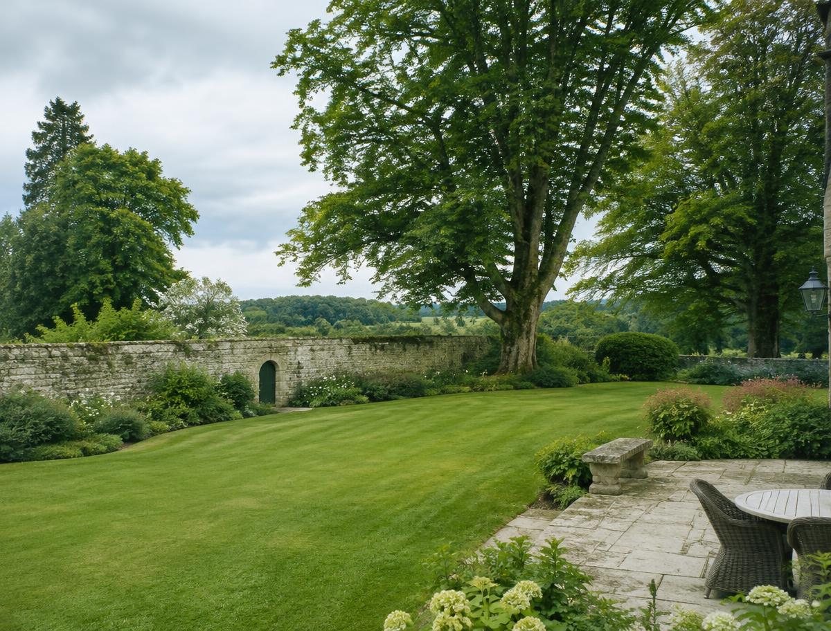 Meath garden with limestone wall, mature tree and stone patio