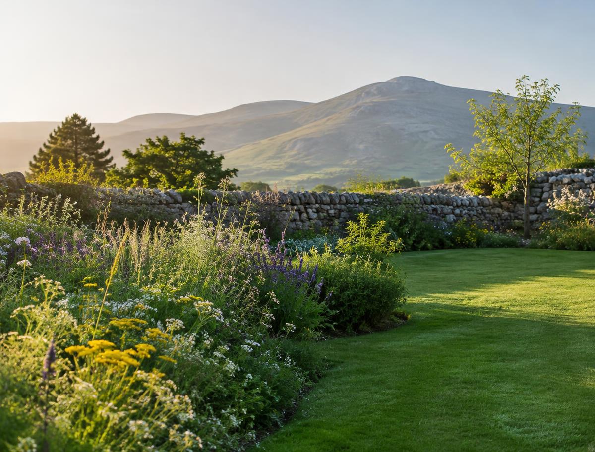 Wicklow garden with dry-stone wall, meadow border and hills beyond