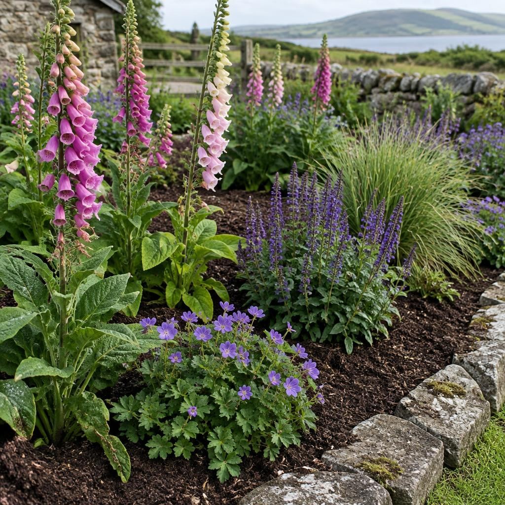 Flower bed of foxgloves, salvia and hardy geraniums edged with natural stone