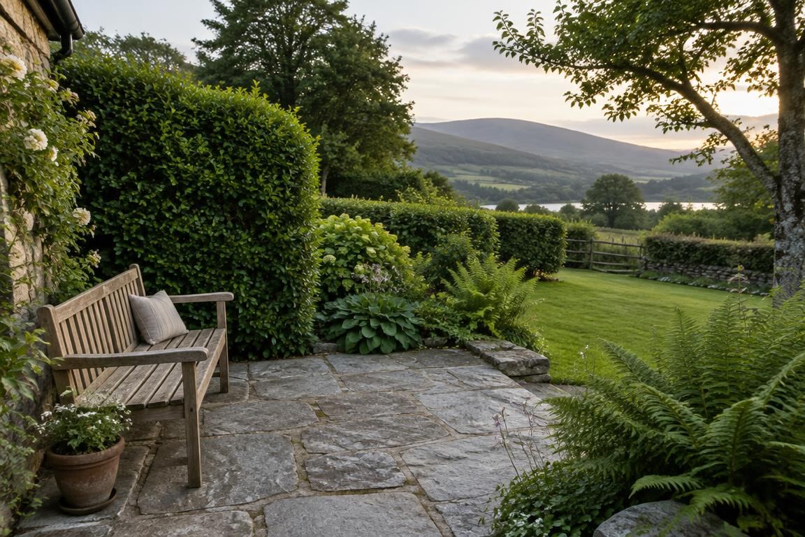 Stone patio with a wooden bench framed by hedges, ferns and lawn