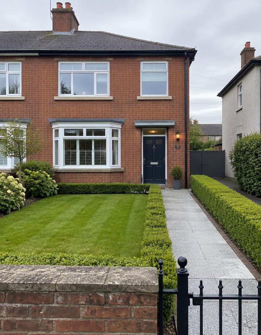 Tidy front lawn with low box hedging and a granite path to a red-brick house